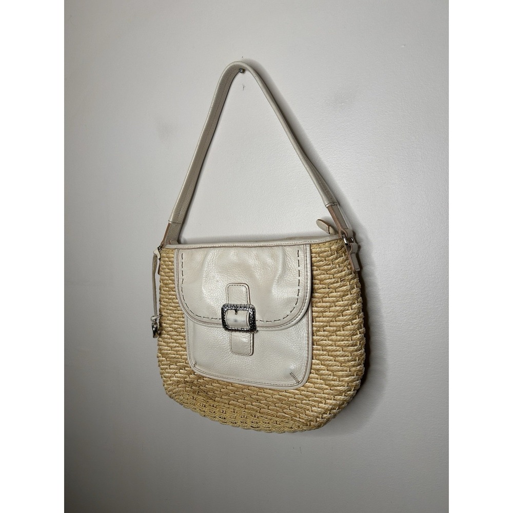 Brighton Woven Straw & Ivory Leather Shoulder Bag Buckle Accent Heart Charm